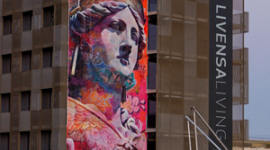 Foto PichiAvo, dúo artístico  ha ejecutado un mural en la fachada en la residencia de estudiantes Living Diagonal 